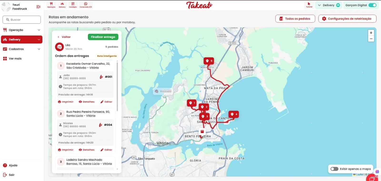 Painel de rotas em andamento com paradas numeradas e detalhes de cada entrega