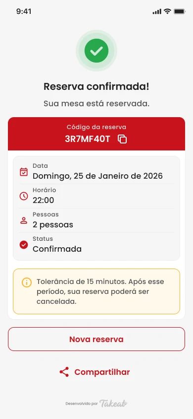 Cliente confirmando reserva de mesa no celular, com código e endereço