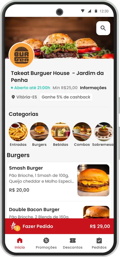 Cardápio de delivery próprio da Takeat no celular