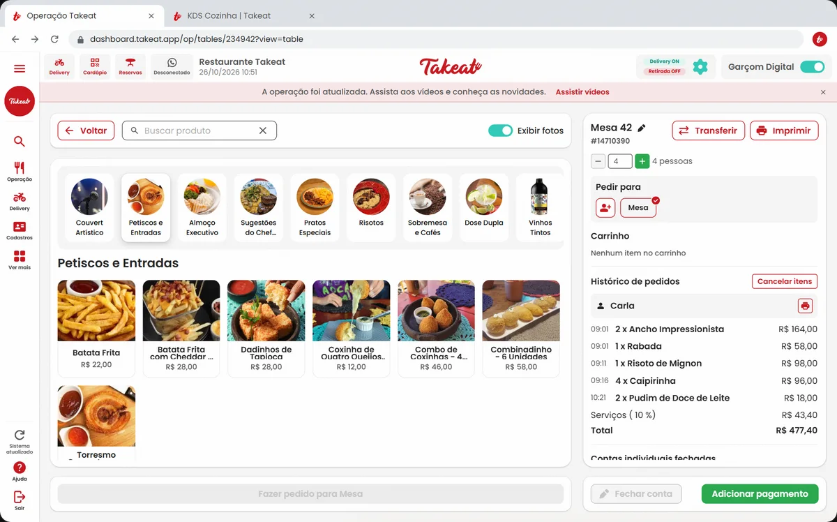 PDV da Takeat com o pedido de uma mesa