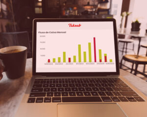 Imagem de um laptop exibindo um gráfico de fluxo de caixa mensal da Takeeat, com um copo de café ao lado, ideal para análises financeiras.