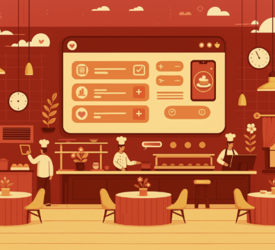 Ilustração de fluxo de cozinha de um restaurante com equipe de chefs preparando pratos, decoração moderna e ambiente acolhedor