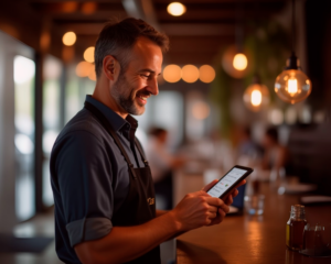 Homem sorridente usando um sistema integrado para restaurantes em seu smartphone em um restaurante, ambiente aconchegante com iluminação decorativa e clientes ao fundo, promovendo conexão e tecnologia.