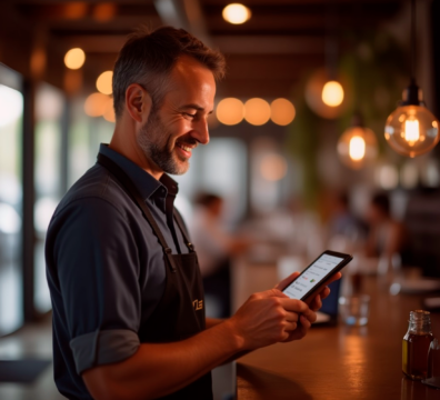 Homem sorridente usando um sistema integrado para restaurantes em seu smartphone em um restaurante, ambiente aconchegante com iluminação decorativa e clientes ao fundo, promovendo conexão e tecnologia.