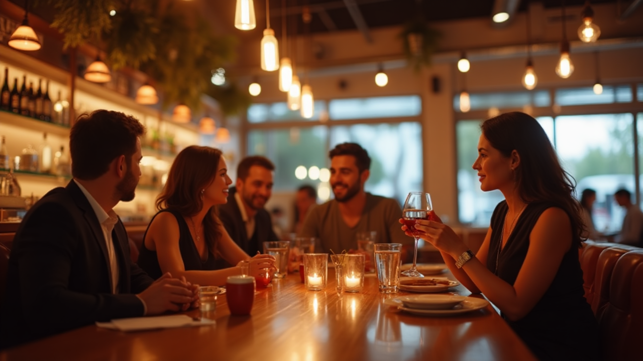 Restaurante moderno e acolhedor, com mesas cheias de clientes satisfeitos representando restaurantes que estão crescendo
